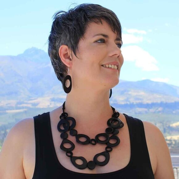 Bold Black Bib Necklace with Beaded Tagua Nut Cascades and Sliding Knot - Picture 3 of 7